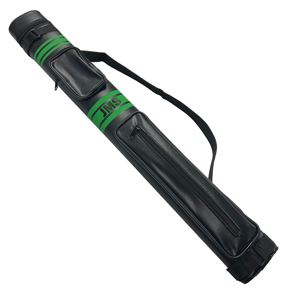 Black pool cue case with green stripe and 'JMS' branding on a white background
