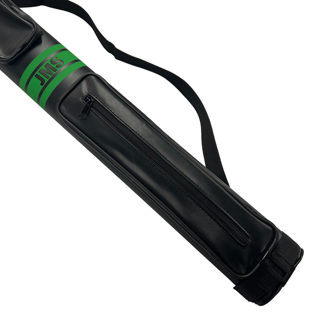 Black pool cue case with green JMS logo on a white background