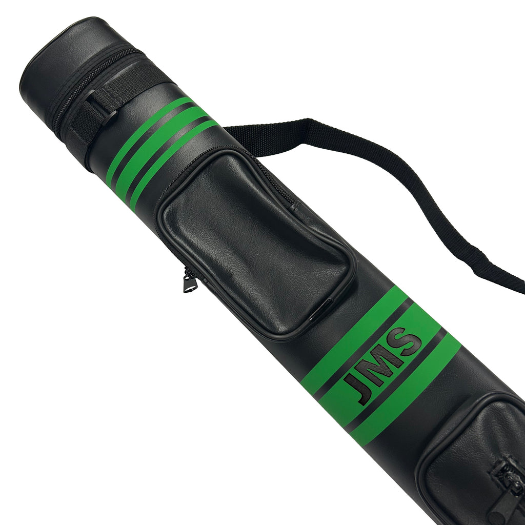 Black and green JMS pool cue case on a white background