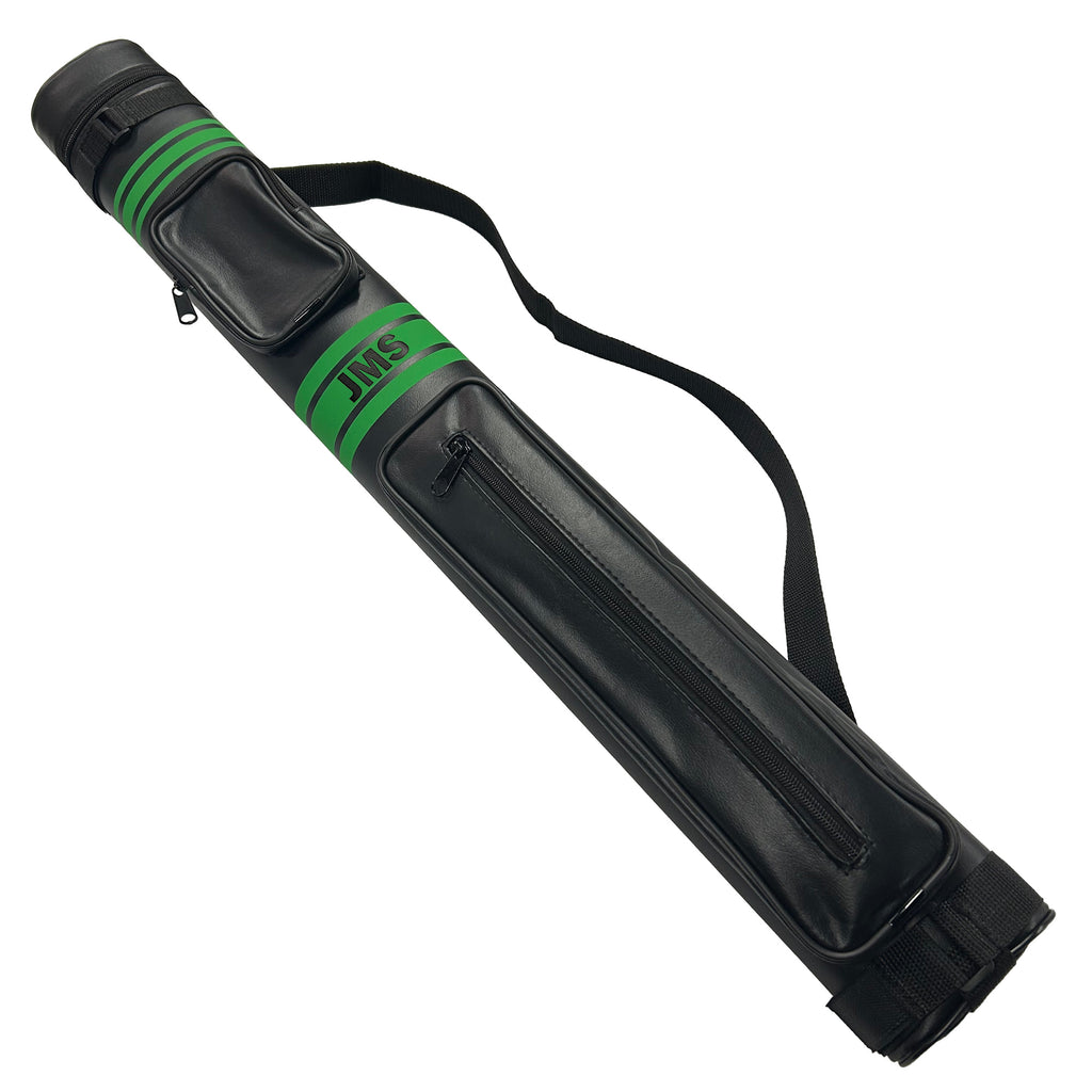 Black and green pool cue case with JMS branding on a white background
