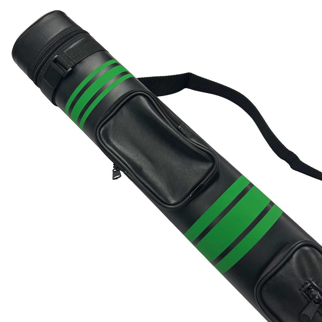 Top half of Black and green striped case with a strap on a white background