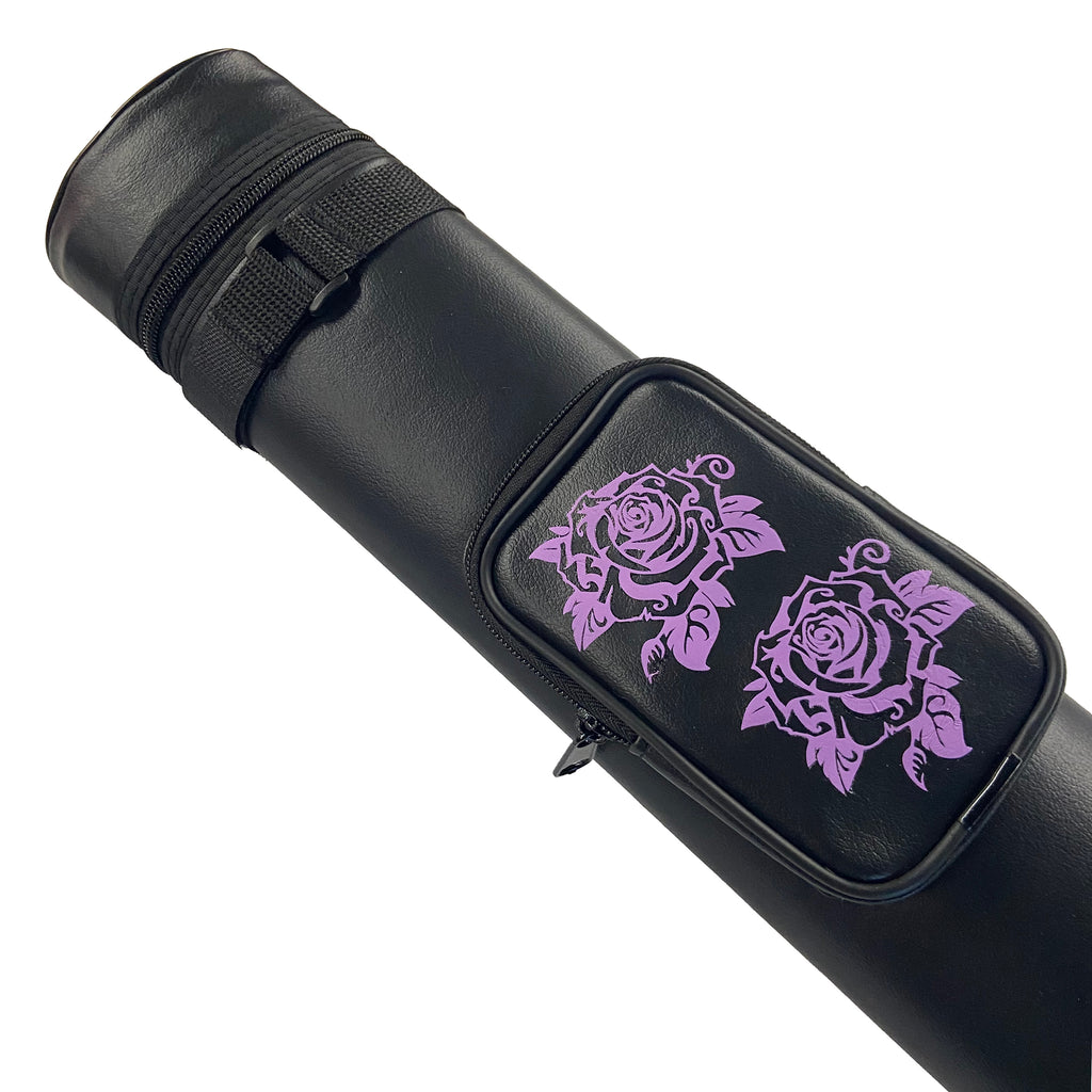 close up of lilac colored rose on pocket of black pool cue case
