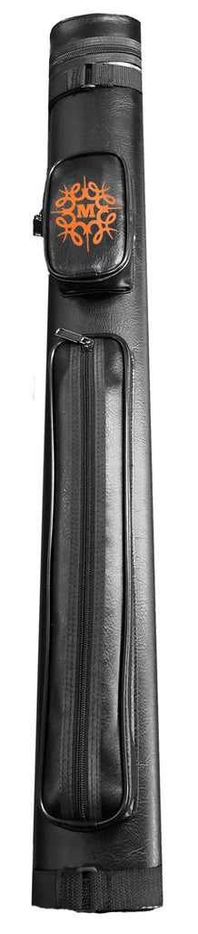 Pool cue case black with orange M initial on pocket overall