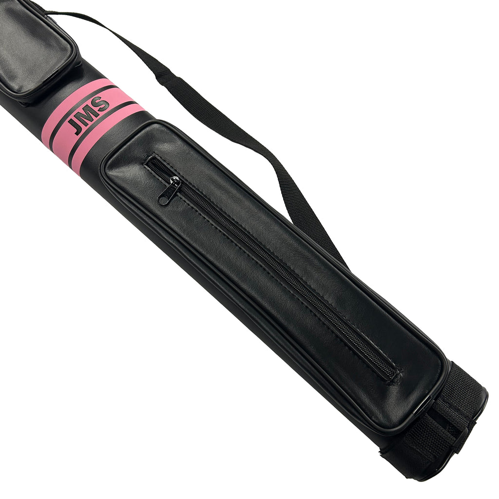 Black pool cue case with pink JMS logo on a white background