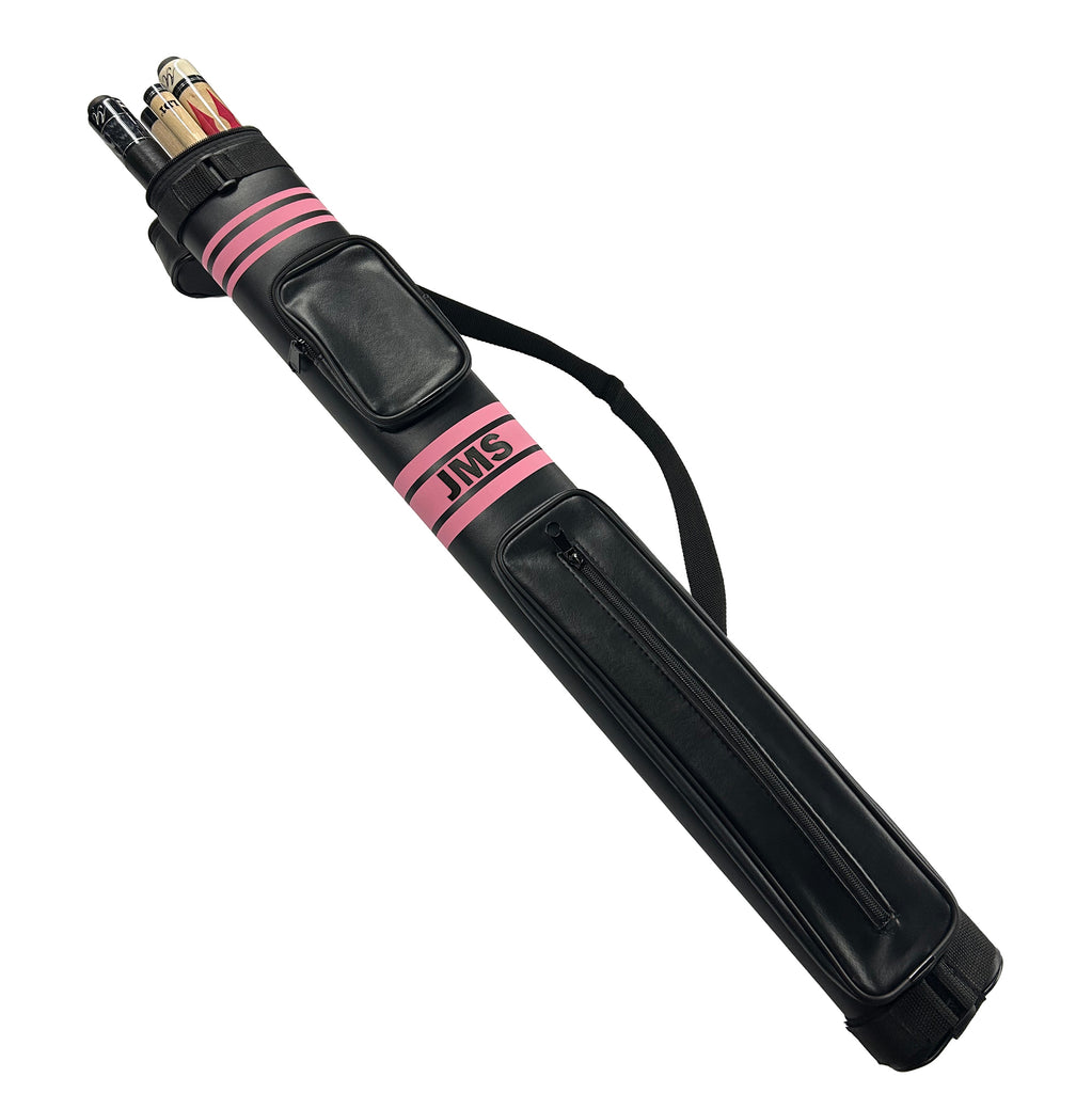 Black pool cue case with pink stripes and JMS branding on a white background with cues