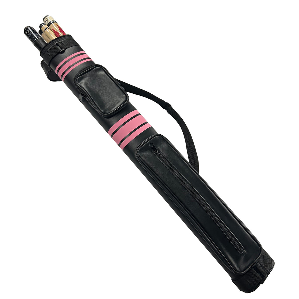 Black pool cue case with pink stripes on a white background and pool cues inside