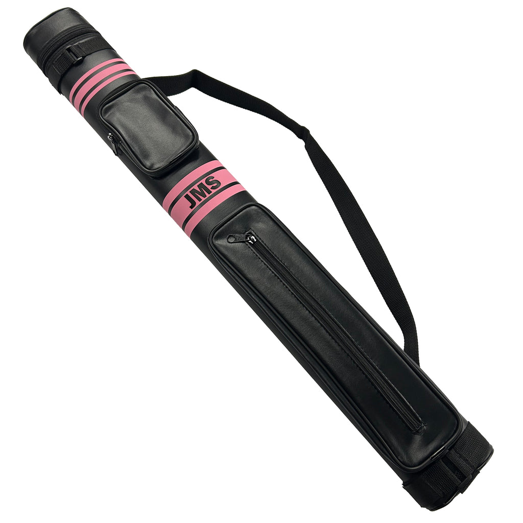 Black pool cue case with pink stripes and 'JMS' branding on a white background