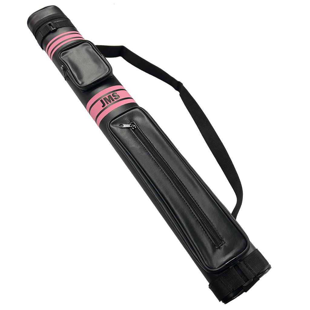 Black and pink pool cue case with JMS branding on a white background