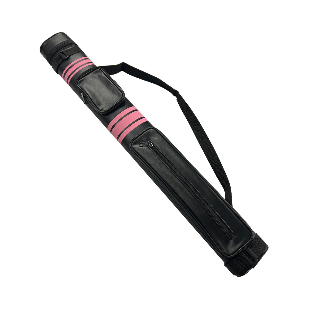Black pool cue case with pink stripes on a white background