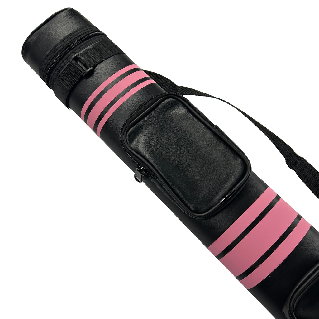 Black and pink striped pool cue case on a white background