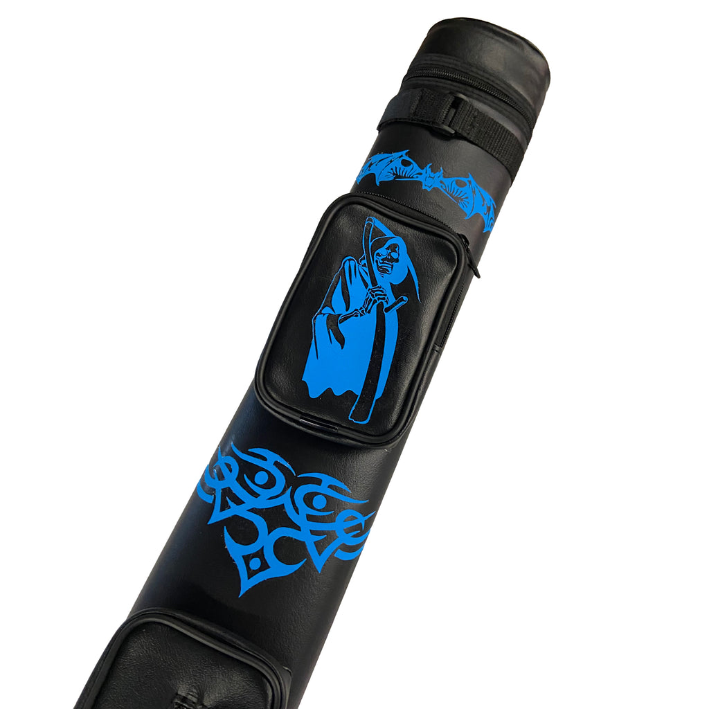 Blue decals of grim reaper on pocket and tribal underneath with bat above