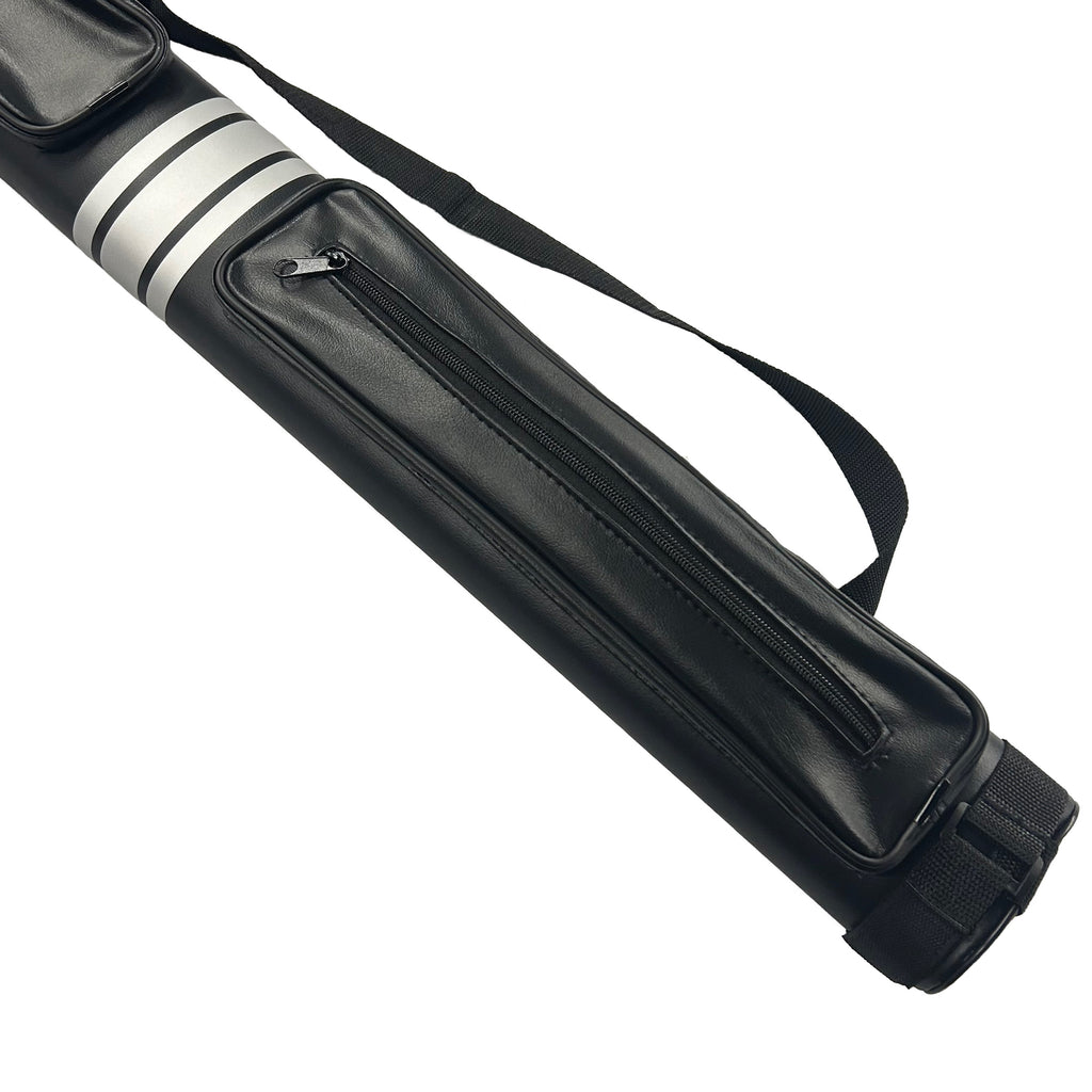 Black pool cue case with silver stripe on a white background