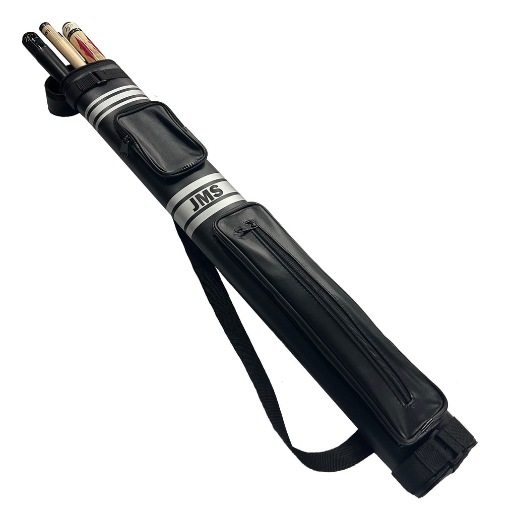 Black pool cue case with pool cues on a white background JMS initials