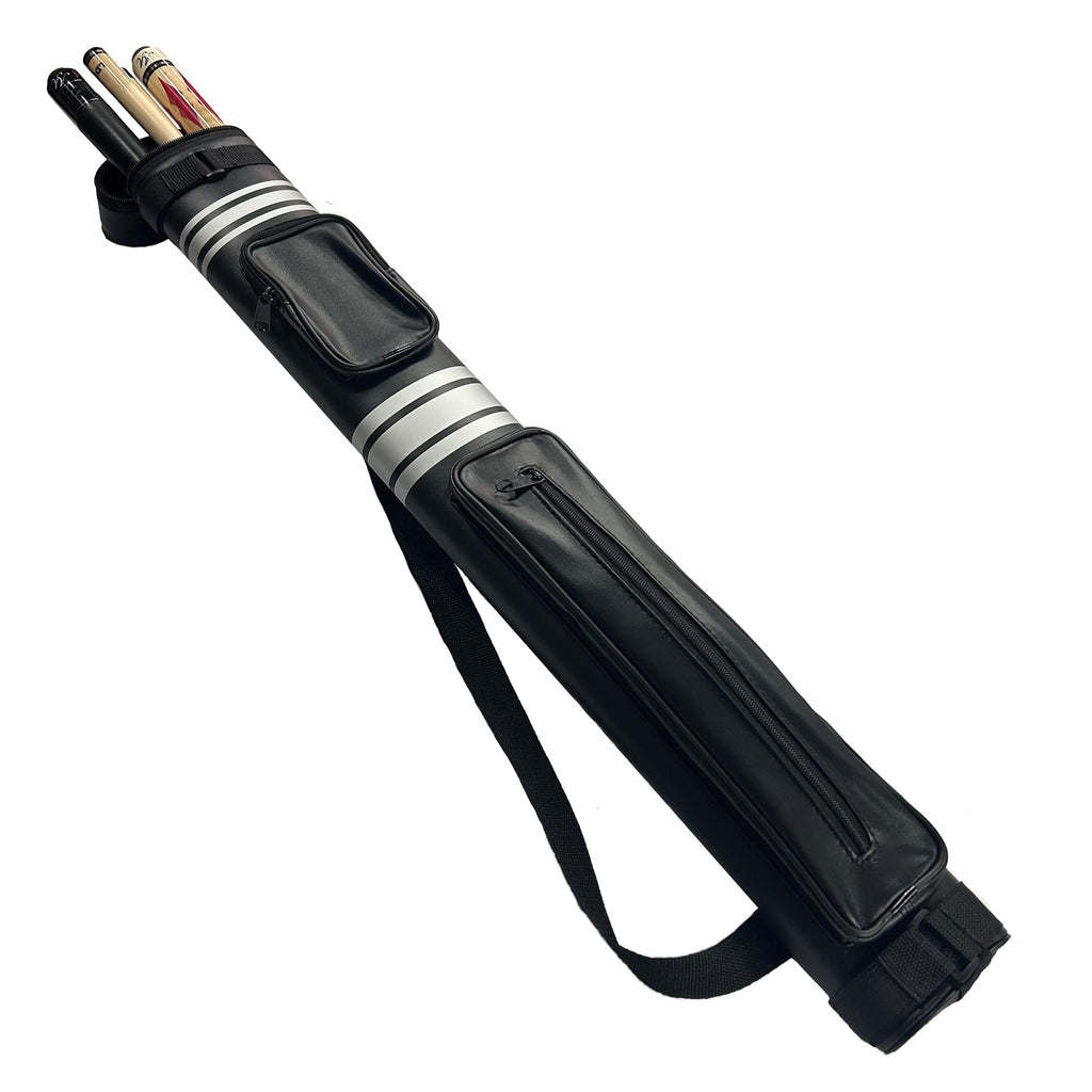 Black pool cue case with pool cues inside on a white background with silver stripes
