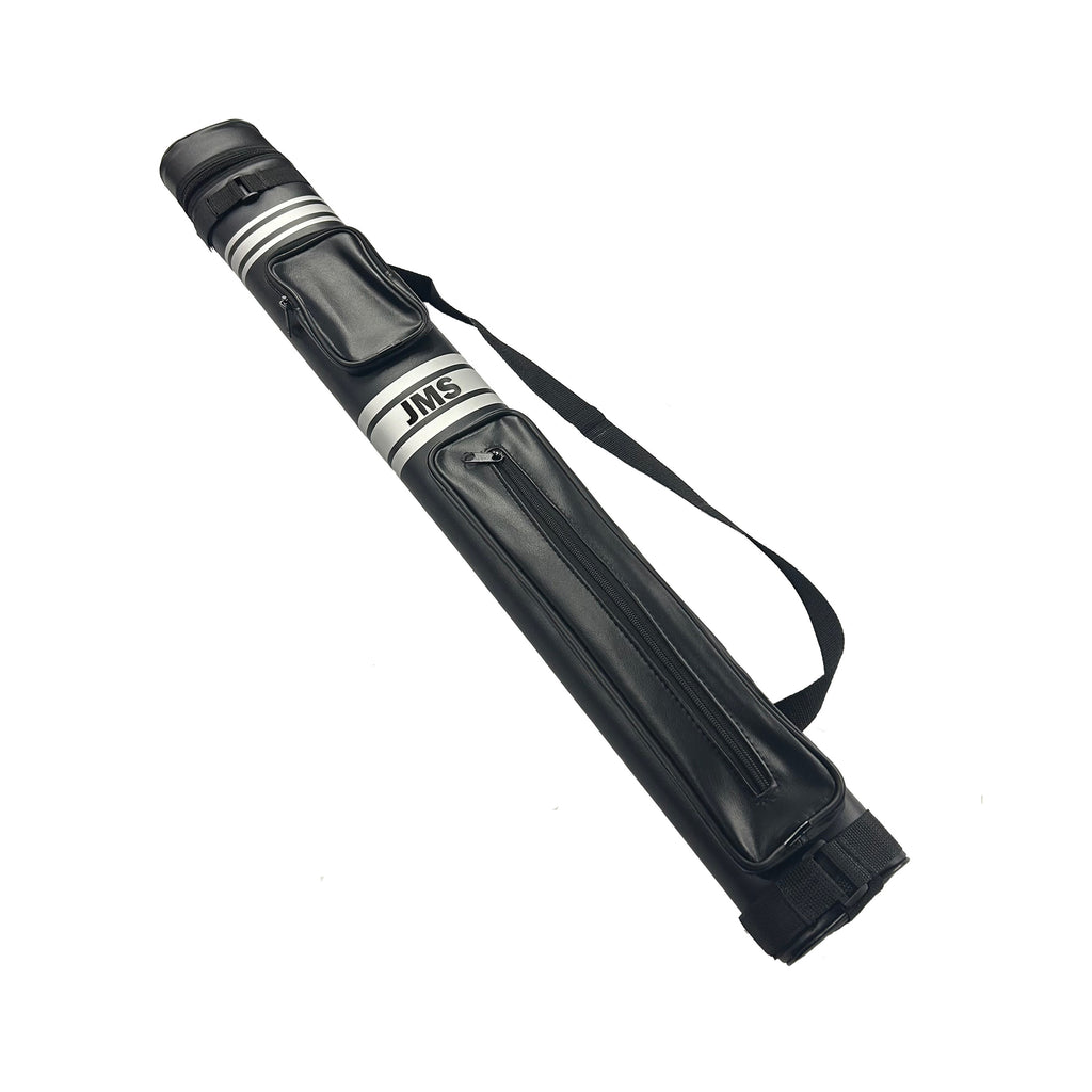 Black pool cue case with JMS branding on a white background