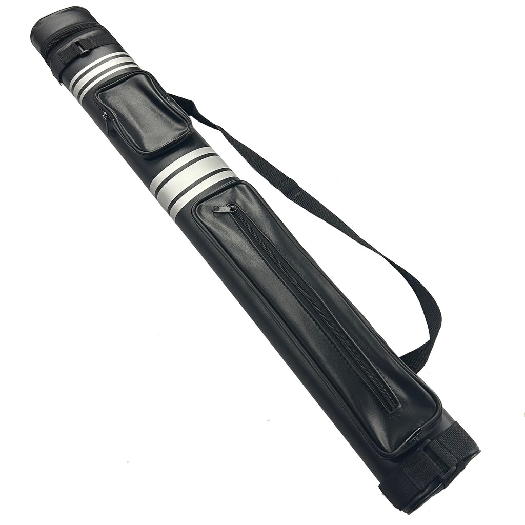 Black pool cue case with white stripes on a white background