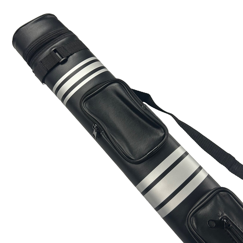 Black pool cue case with white stripes on a white background top only