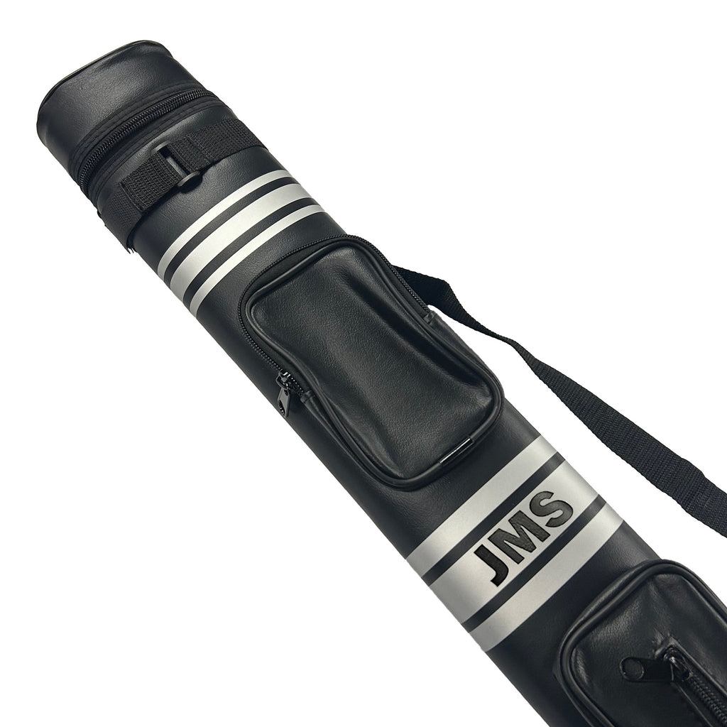 Black pool cue case with silver stripes and 'JMS' branding on a white background
