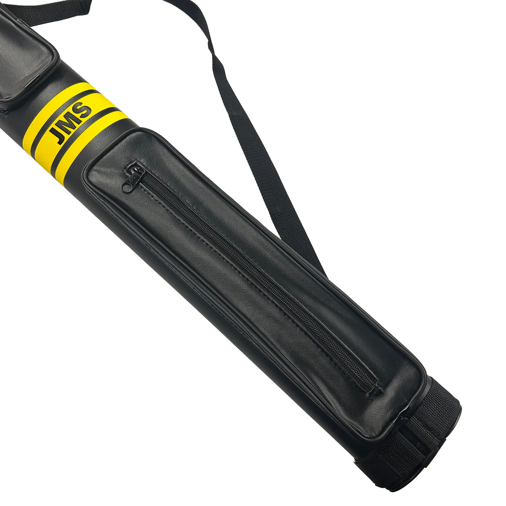Black pool cue case with yellow JMS stripe on a white background