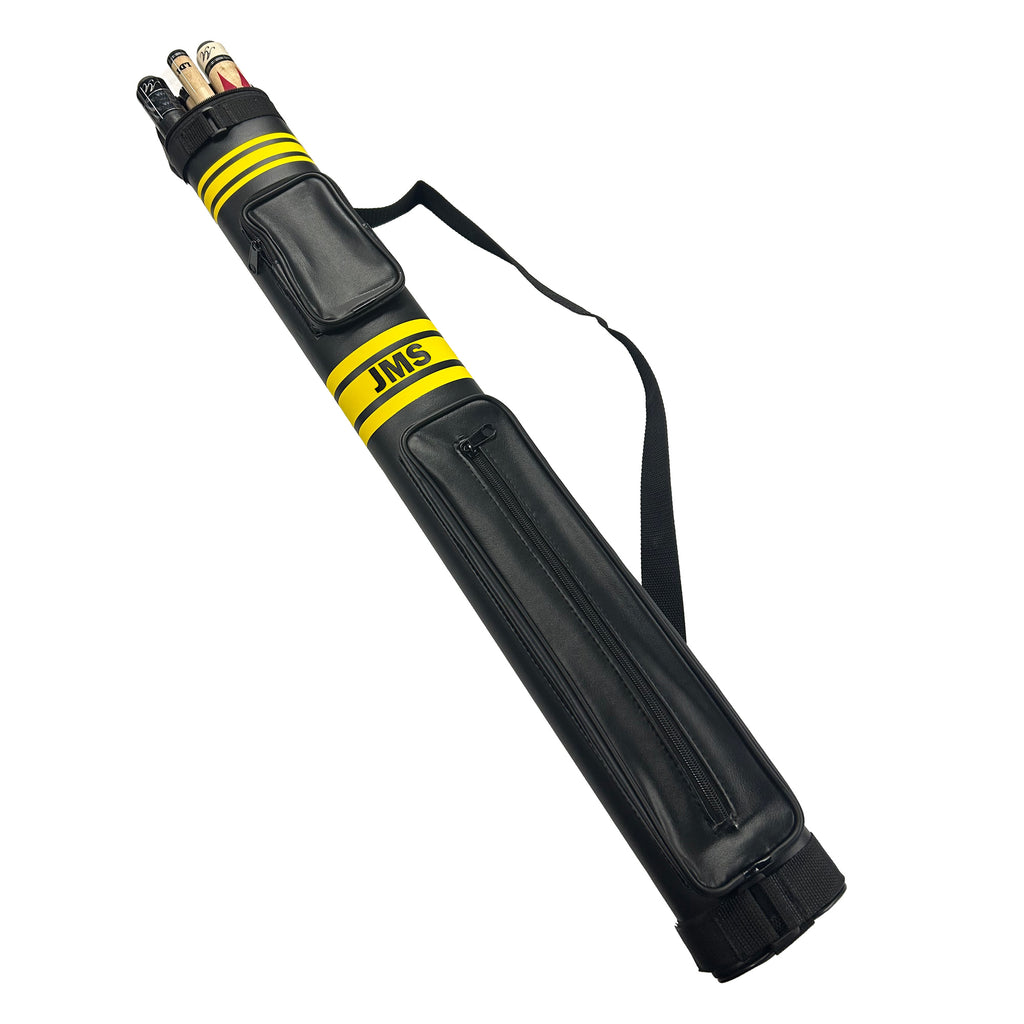 Black pool cue case with yellow band featuring 'JMS' branding on a white background