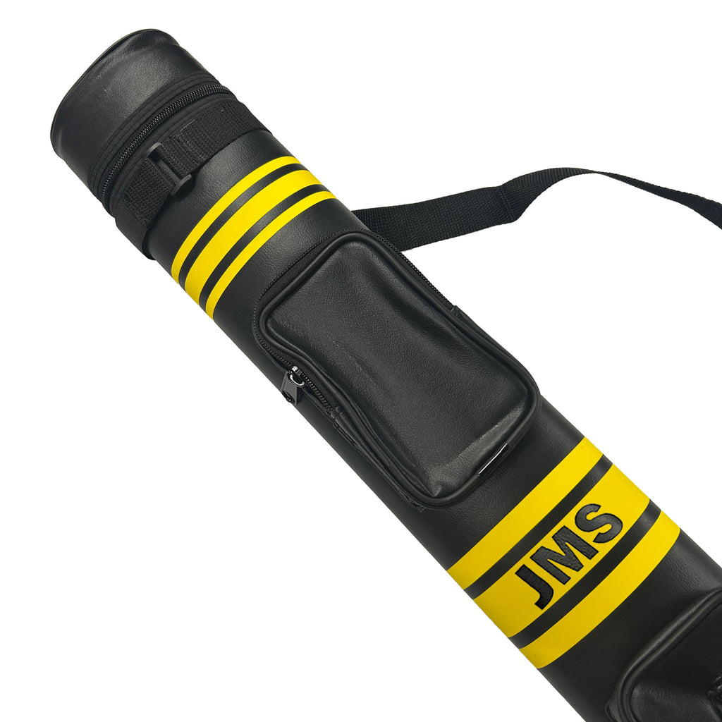 Black and yellow JMS pool cue case on a white background