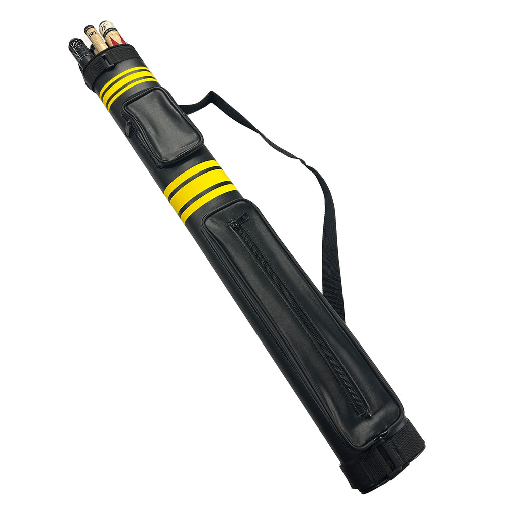 Black pool cue case with yellow stripes on a white background with pool cues sticking out of it