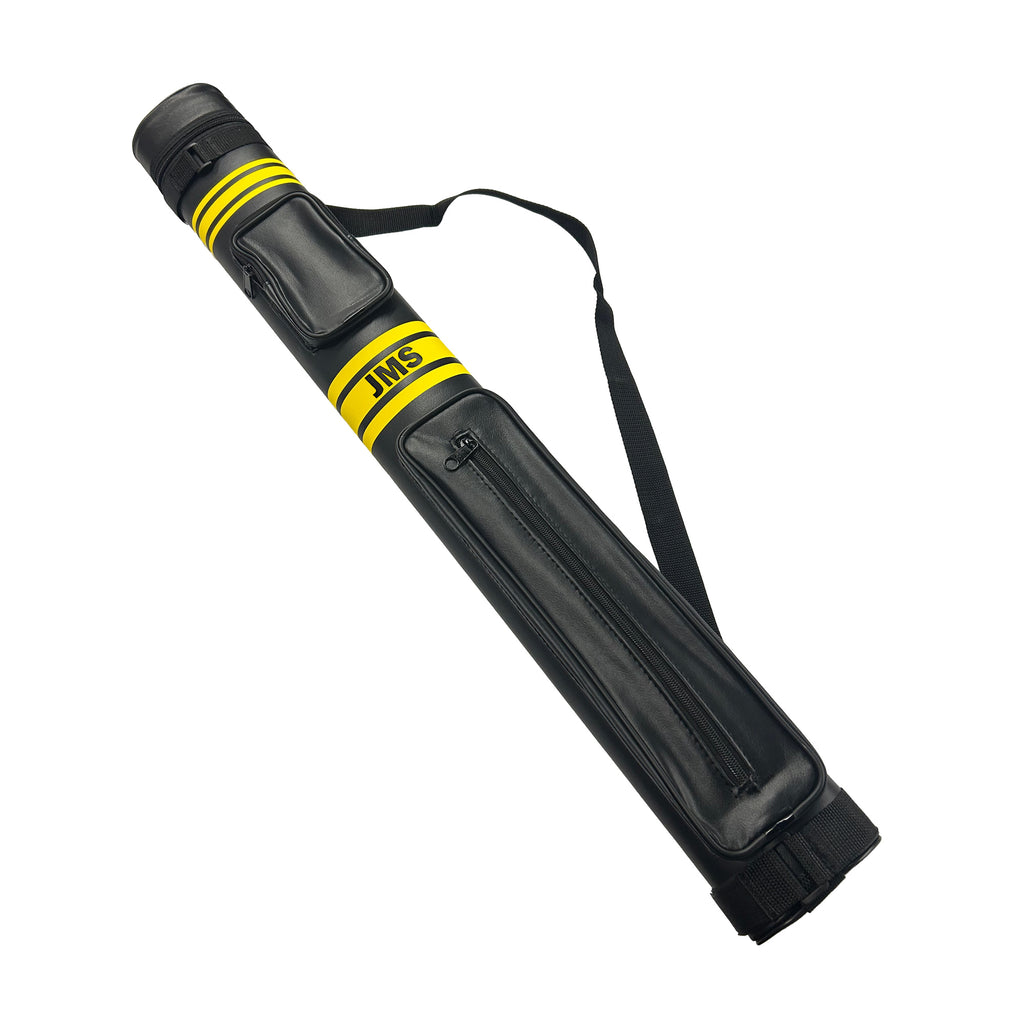 Black and yellow pool cue case with 'JMS' branding on a white background