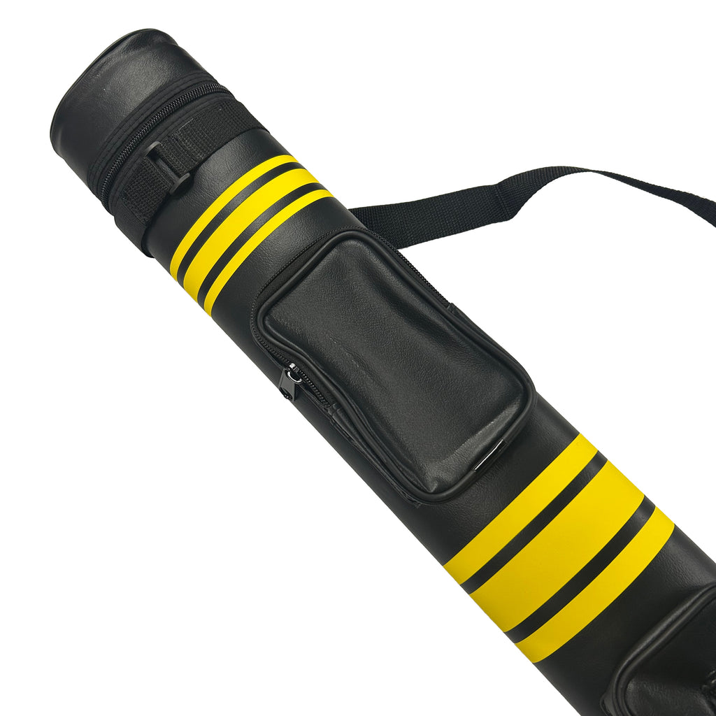 Black and yellow striped cylindrical bag with a strap top half 
