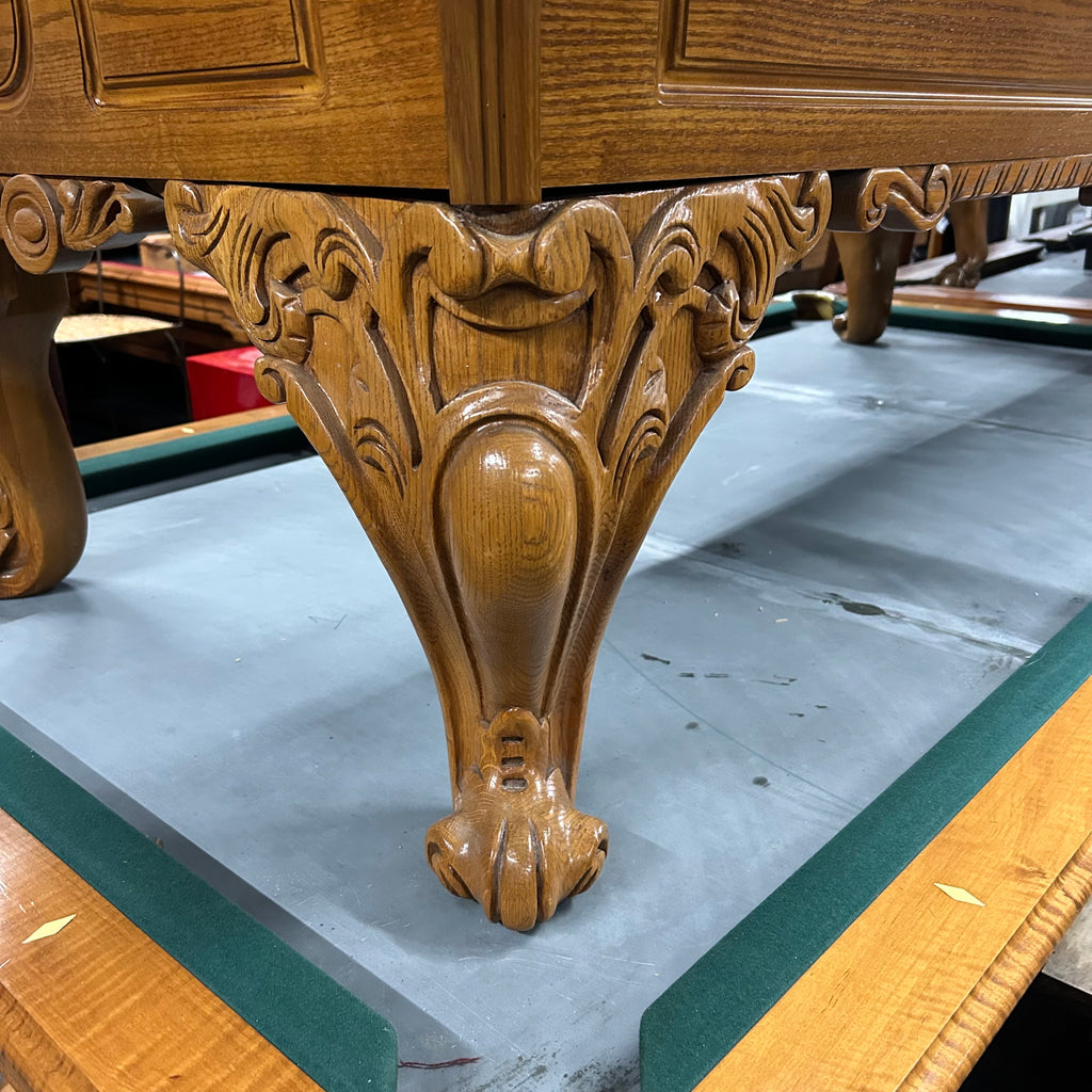 Pool table leg with ram's horn leg in oak finish