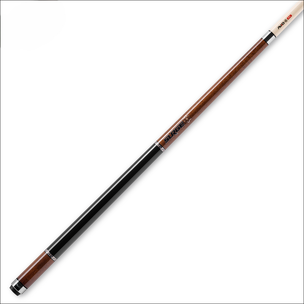 Full butt end view of cuetec surge pool cue with brown handle and black painted wrap area