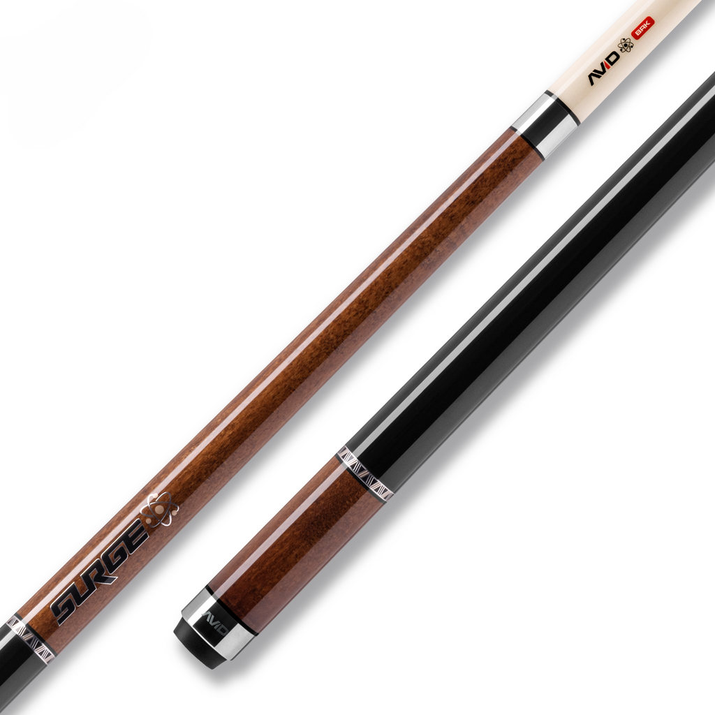 Cuetec surge pool cue with brown handle and black painted wrap area