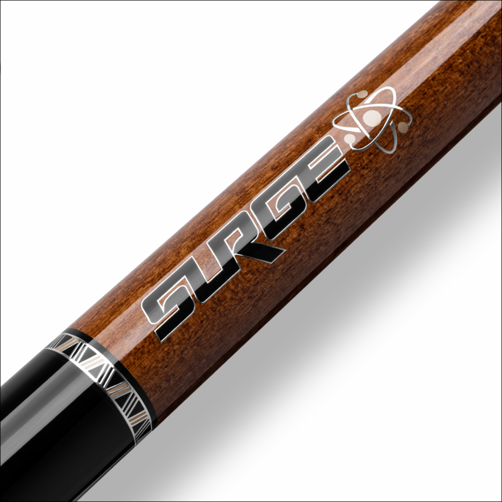 Closeup of surge and galaxy logo with ornate collar on brown handle