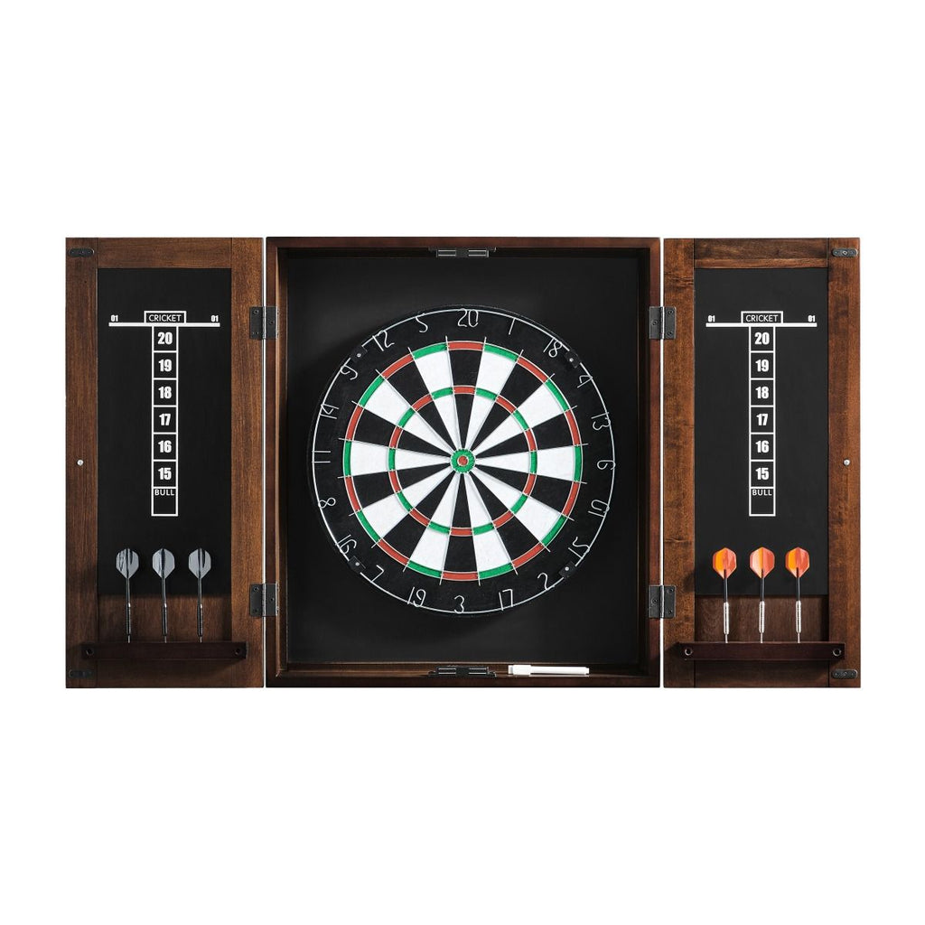 Dartboard cabinet open showing two scoreboards and 2 sets of darts as well as dartboard