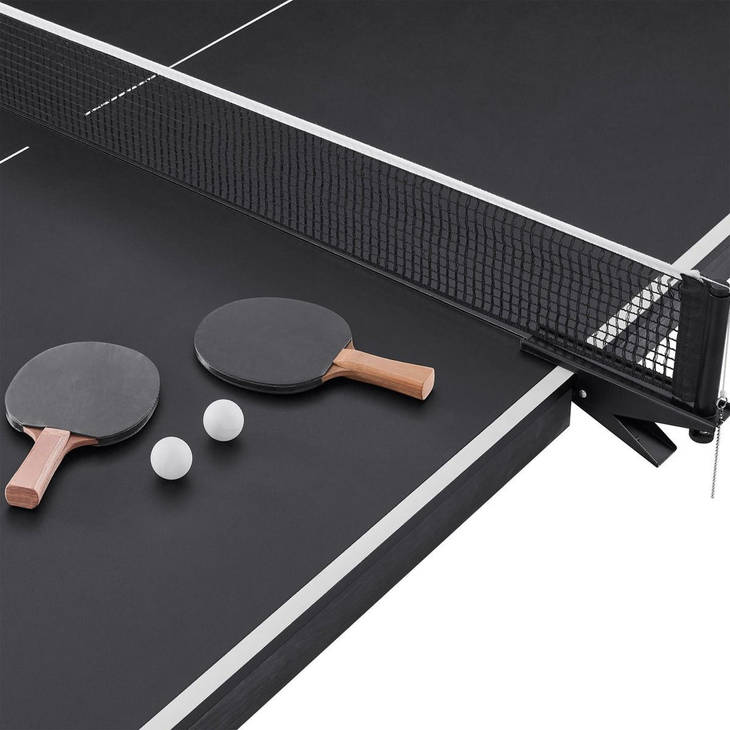 two table tennis paddles black net and black surface