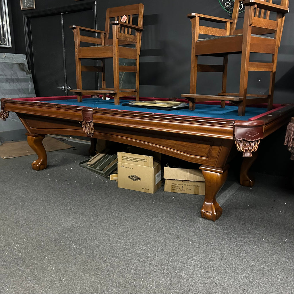 Overall view of brunswick 9ft table with chestnut finish and ball and claw leg