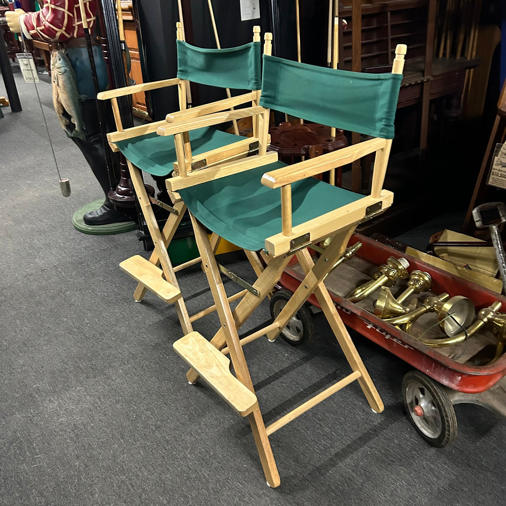 Oak Director chair tall with green canvas seat and backs