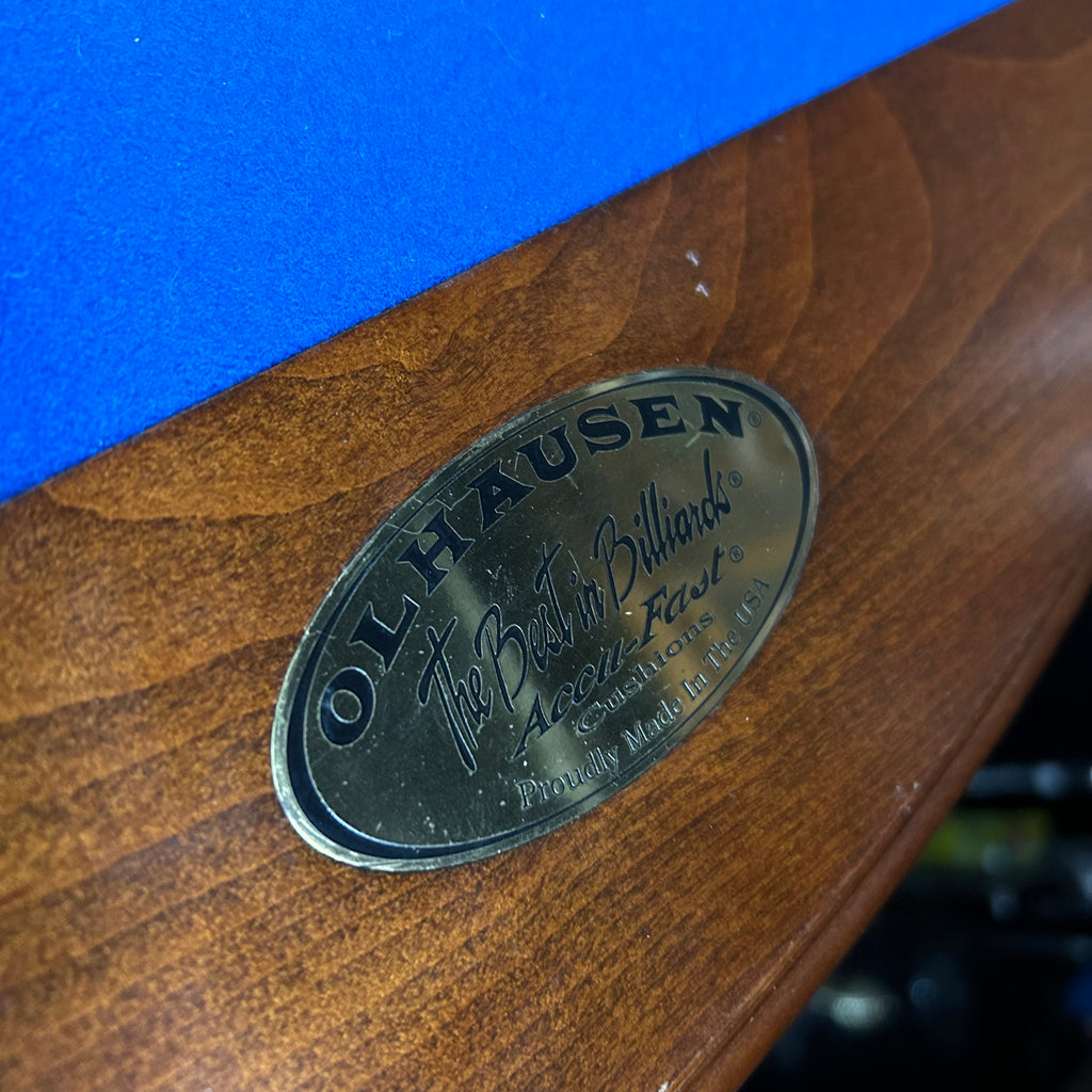 Olhausen nameplate with Best in Billiards on rail with blue felt