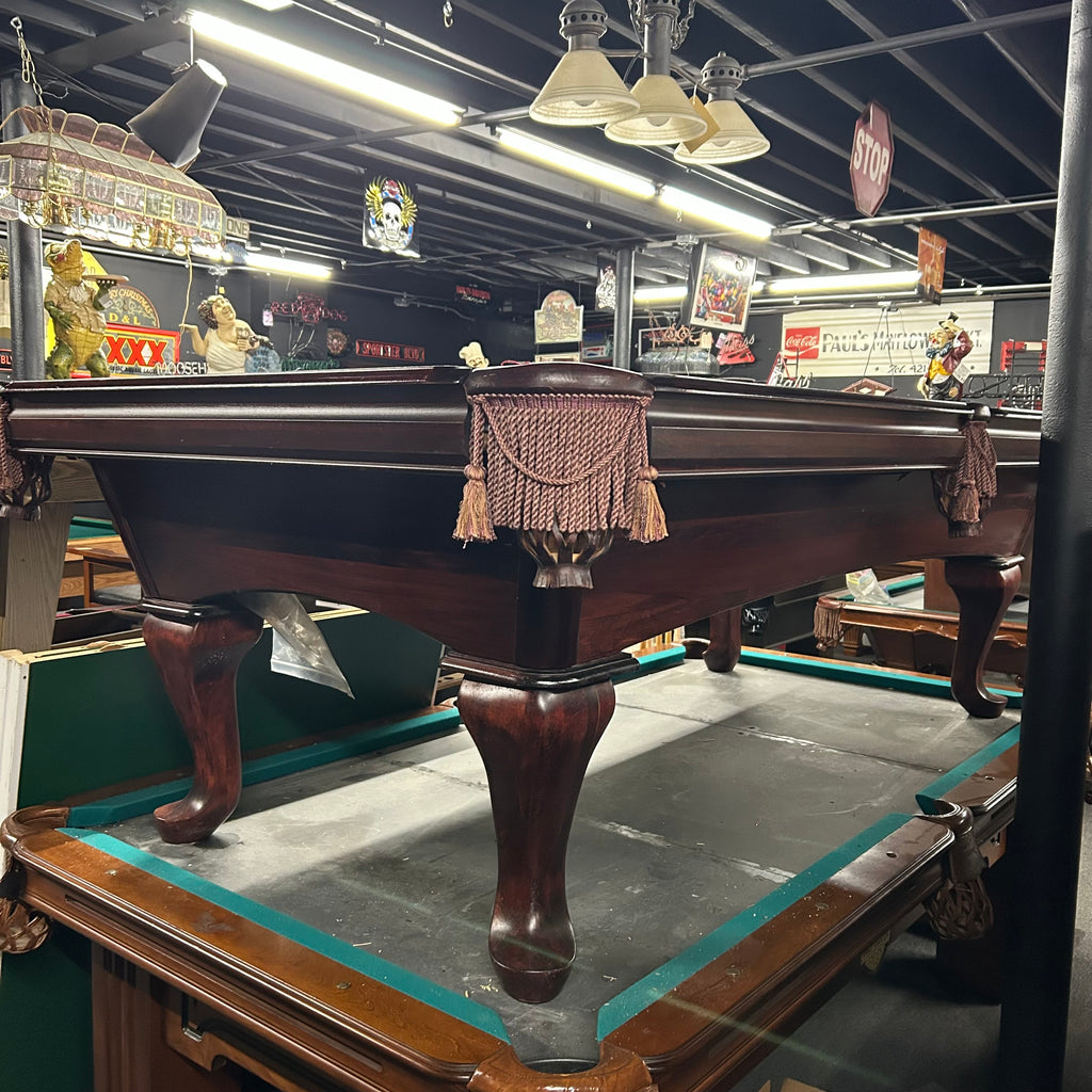 Overall view of pool table with queen ann leg in mahogany finish and tassel fringe pocket