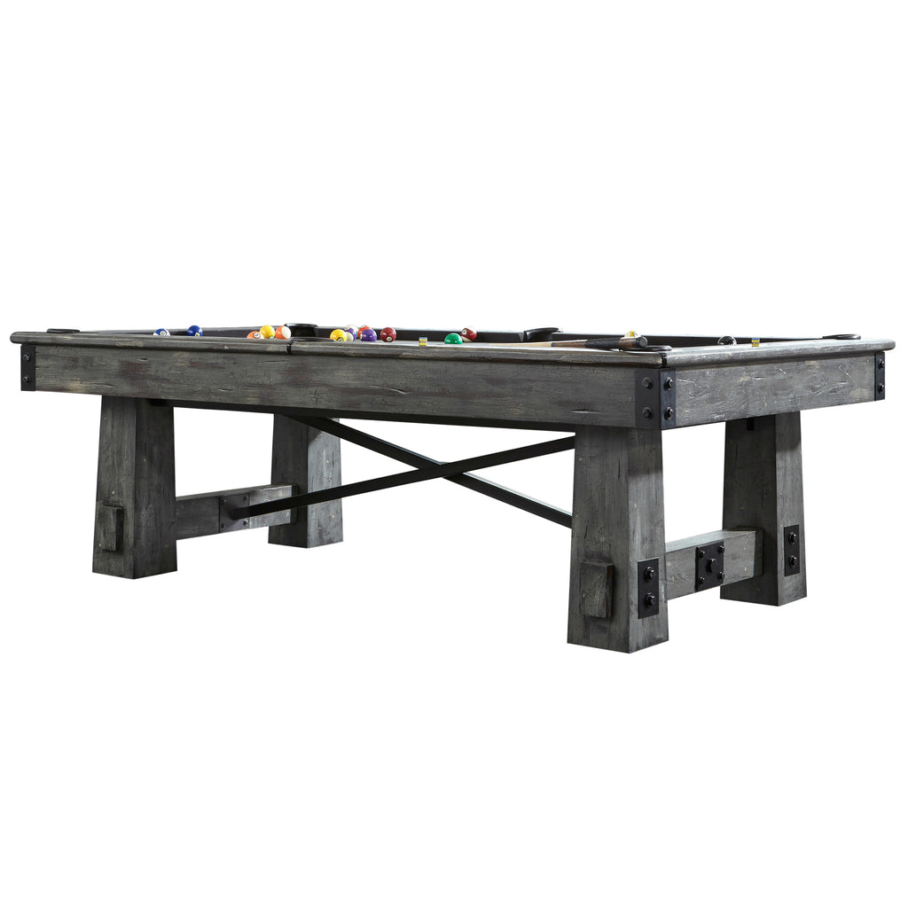fresco pool table in marble finish with black metal accents on white background