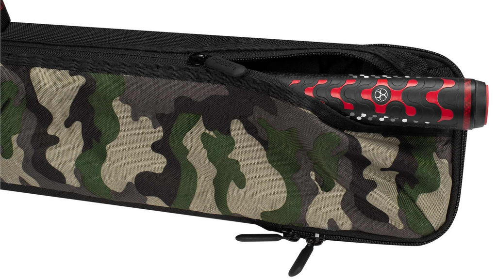 Closeup of butt of pool cue sticking out of camo pocket