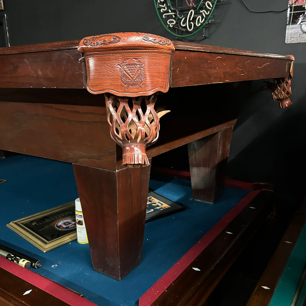 Corner view of ft Connelly Pool Table with tapered leg