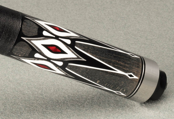 Butt cap of pool cue with black white and silver accents with red diamonds