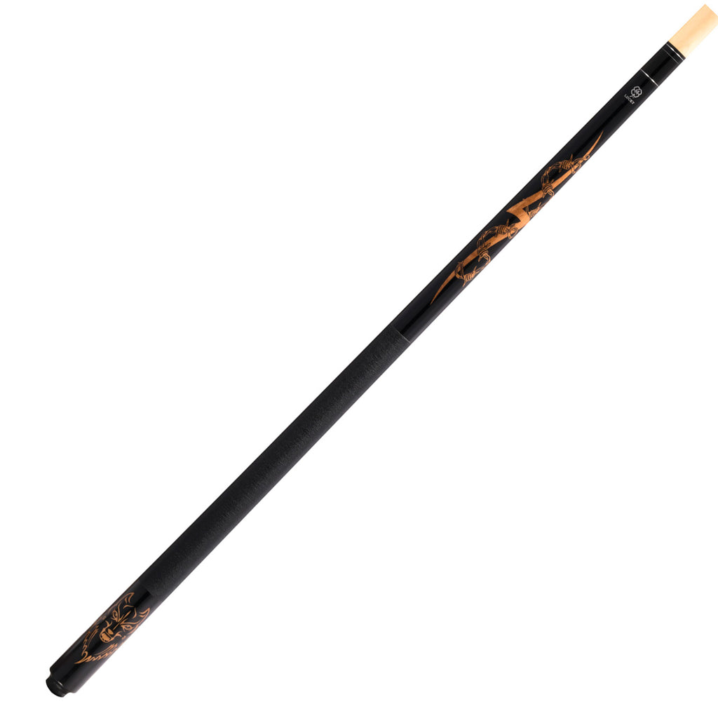 Black butt end of the cue with honey colored decal design