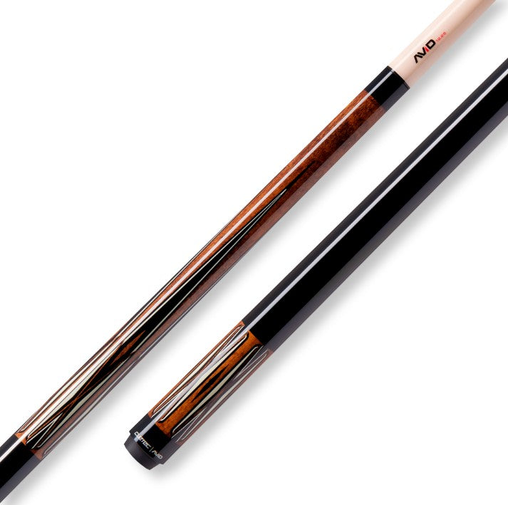 Brown handle on pool cue with black points trimmed with white and no wrap