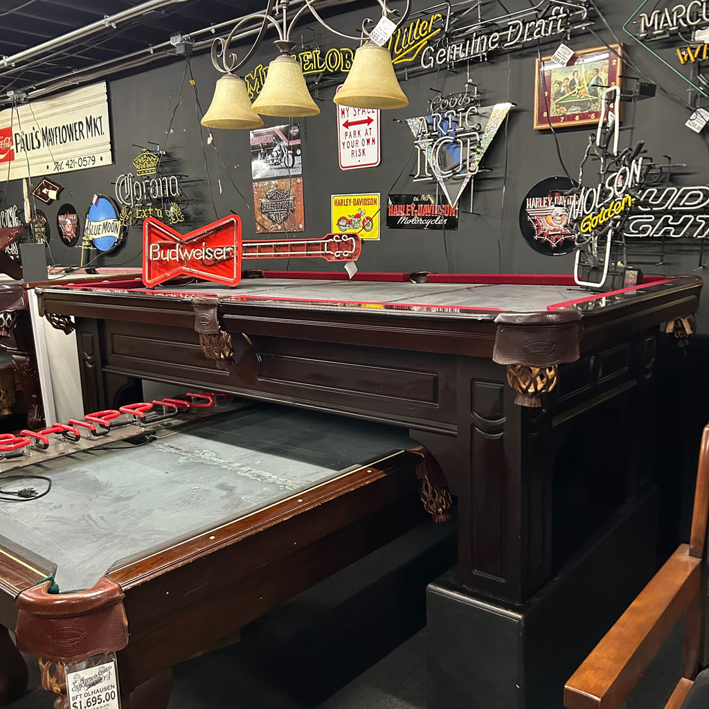 8ft olhausen pool table in mahogany finish from right side overall view