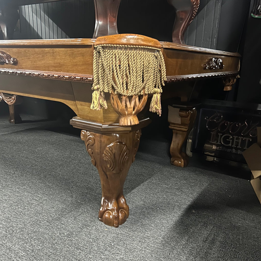 Oversized 8ft pool table with tassel fringe pocket and clam shell details corner view