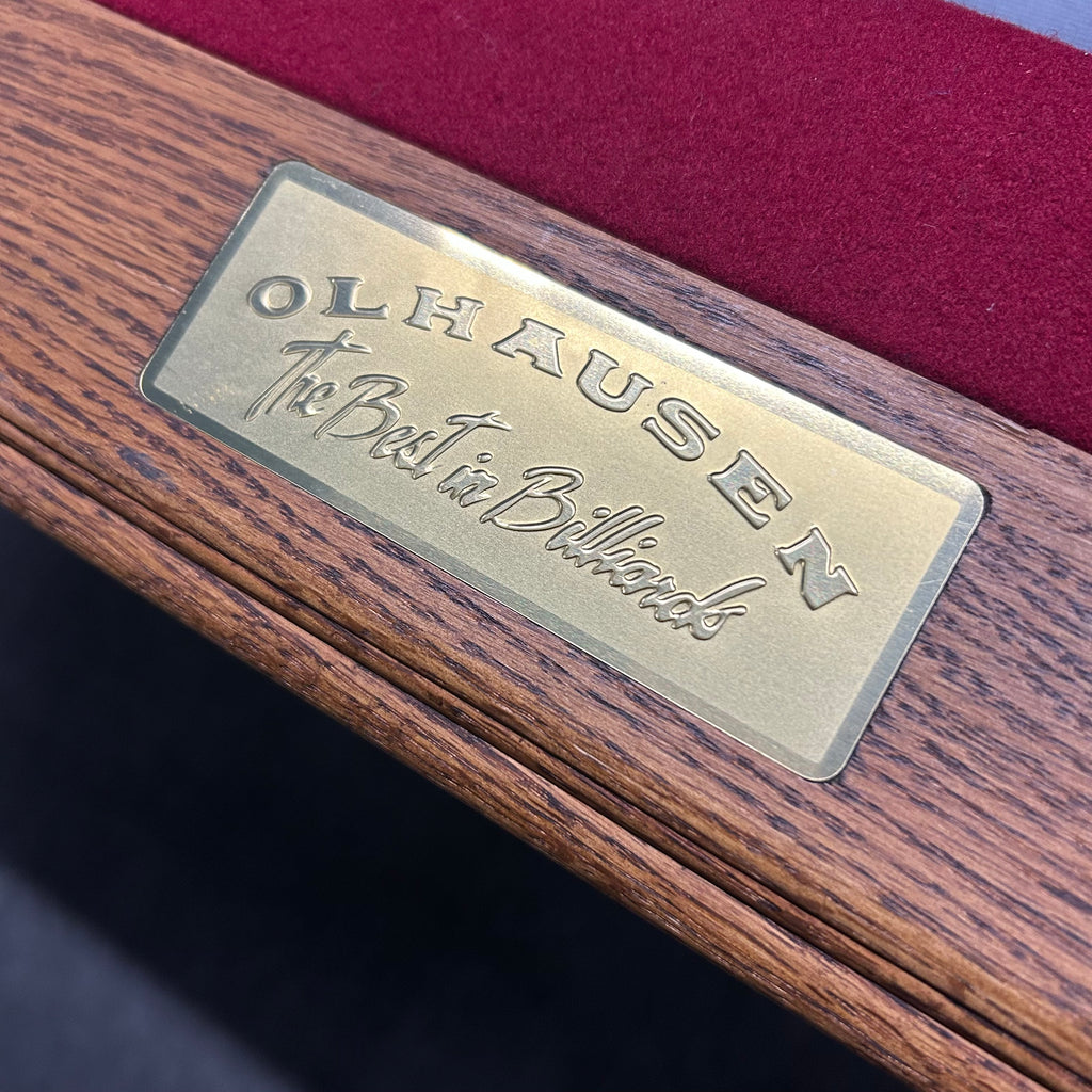 olhausen plate on end rail with burgandy cloth and oak finish