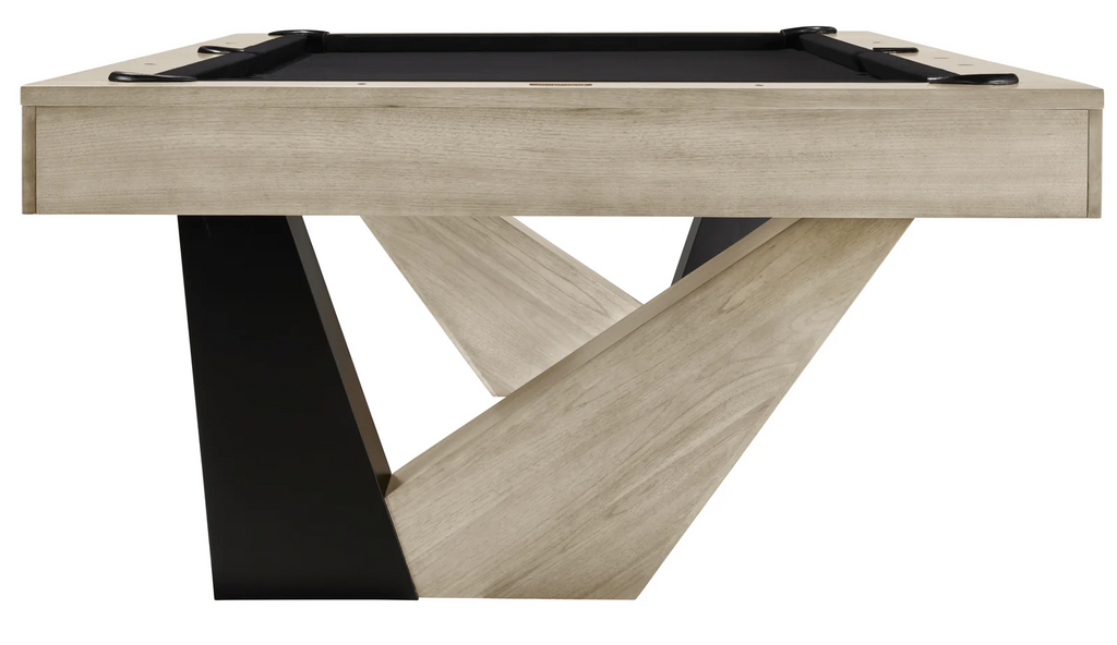 Annex pool table with natural ash finish and one black leg from side