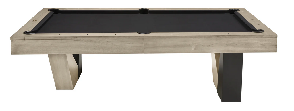 Annex pool table with natural ash finish and one black leg view of table from long side