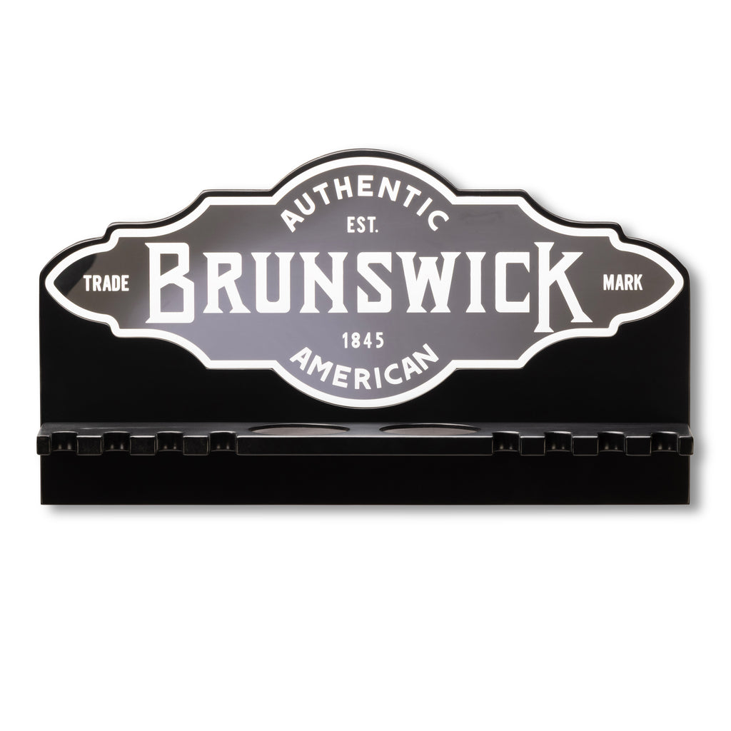 Brunswick pool cue rack in black with cue rests and cup holders